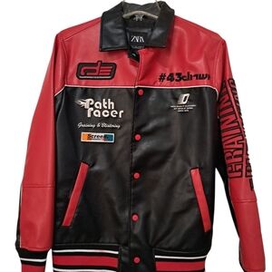 Zara Red and Black Bomber Jacket with Leather Accents